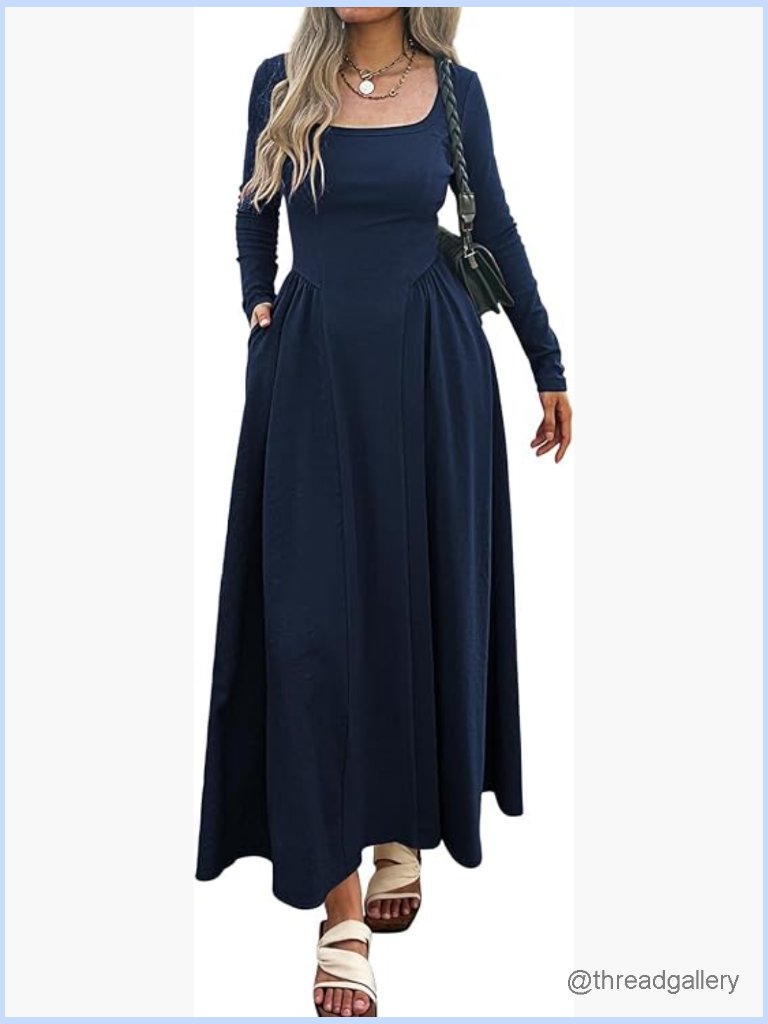Square Neck Long Sleeve Patchwork Knit Maxi Dress With Pockets